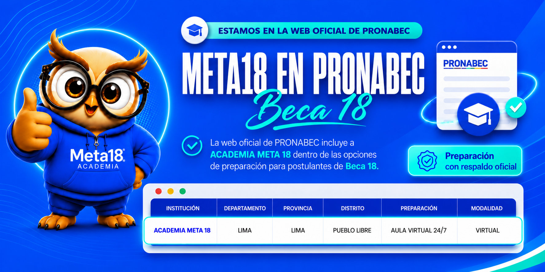 Meta18 en la web oficial de PRONABEC para postulantes de Beca 18